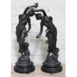 A pair of Art Nouveau spelter figures after Causse, bearing signature, on plinths, height 65cm.