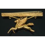 A bar brooch formed as a hallmarked 9ct gold pegasus suspended on bar marked '9ct', length 43mm, wt.