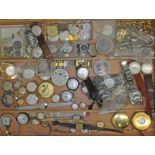 A wooden tray of mixed wristwatch and pocket watches for spares and repairs with additional