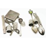 A mixed lot of hallmarked silver including three thimbles, Albert chain, vesta case, pencil holder