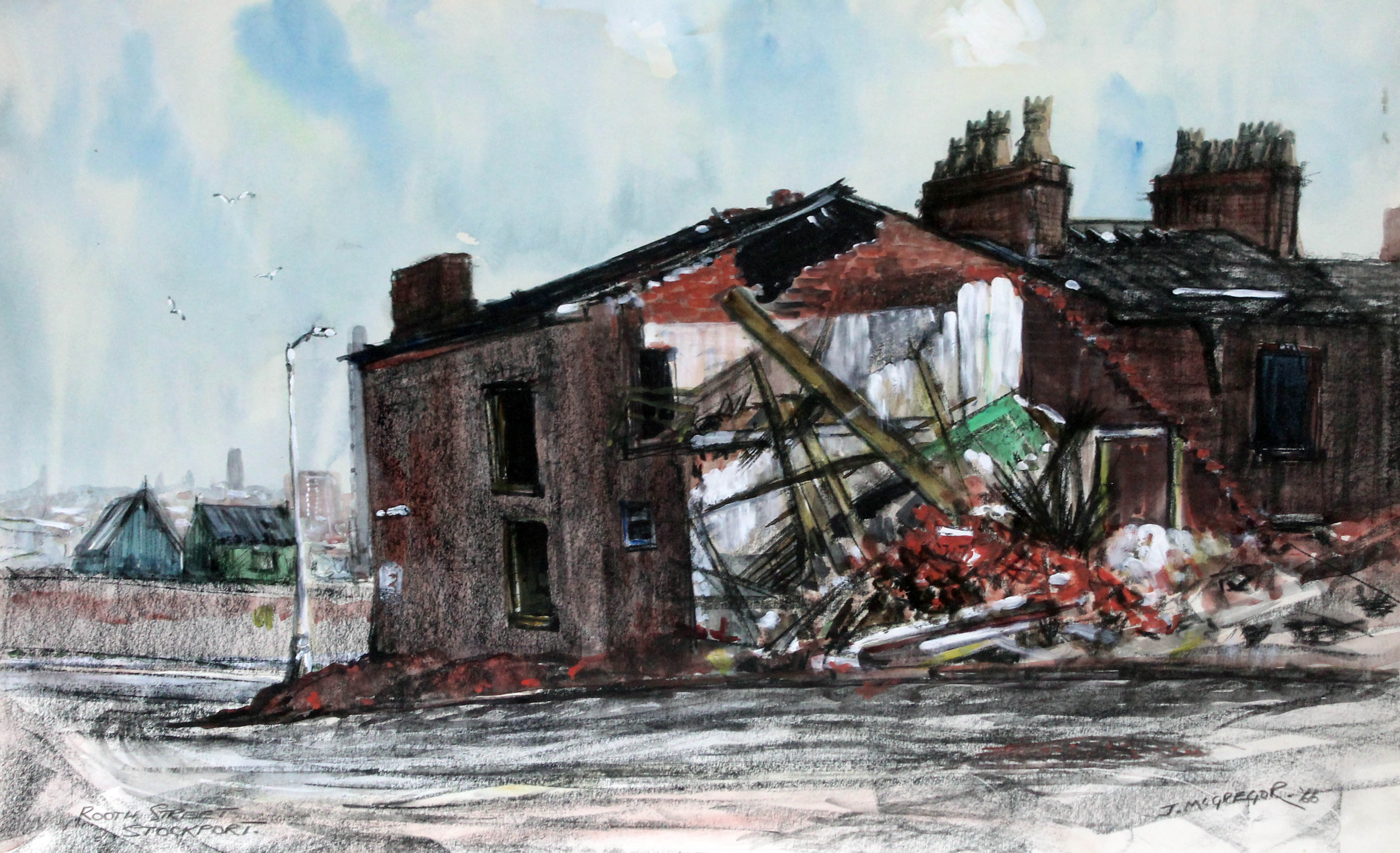 British Northern Art, "Rooth Street Stockport", mixed media, 49cm x 37cm, signed 'J. McGregor' and