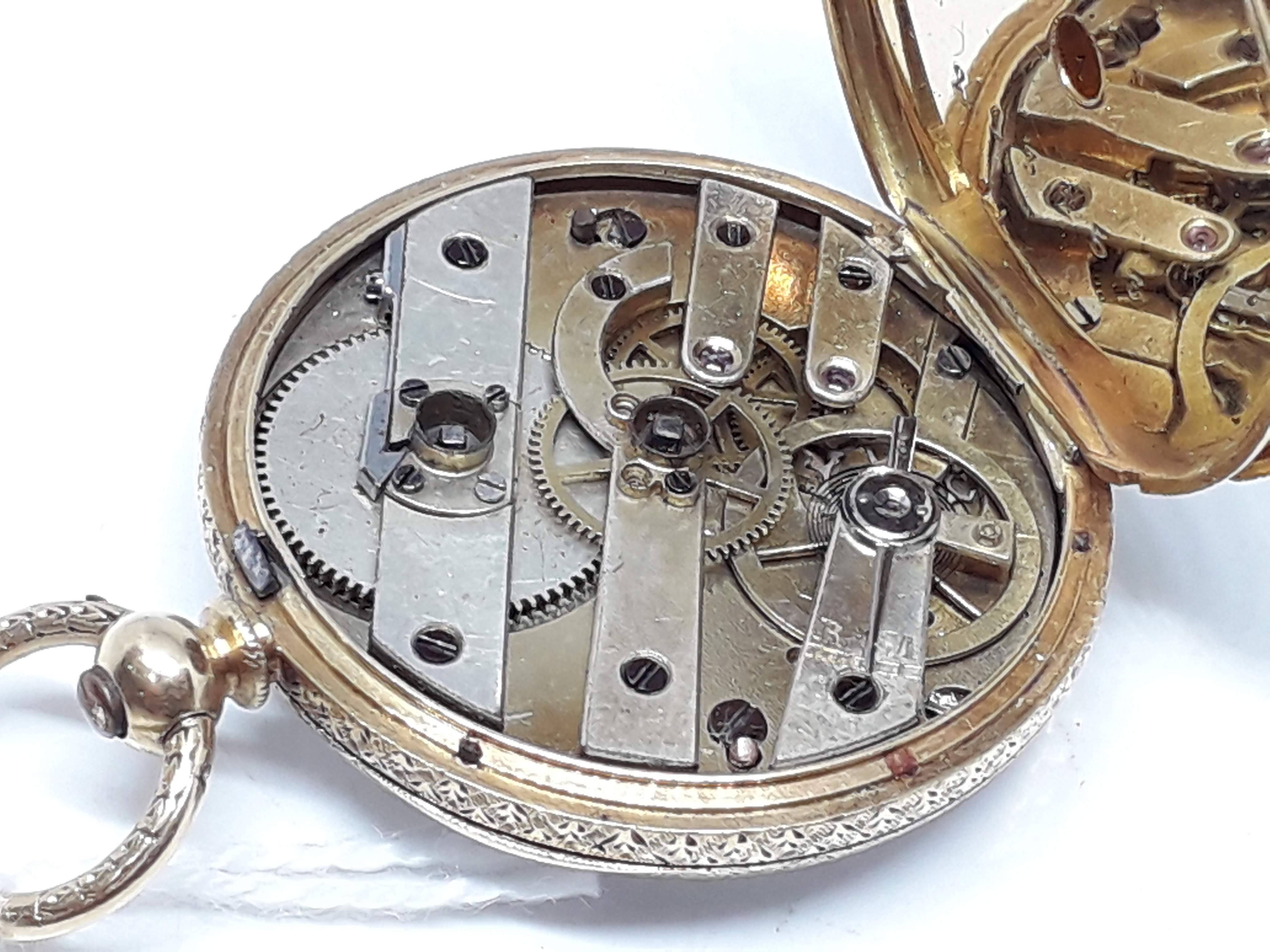A ladies bright engraved pocket watch, marked '18K', diam. 32mm, gross wt. 26.67g. - Image 3 of 8