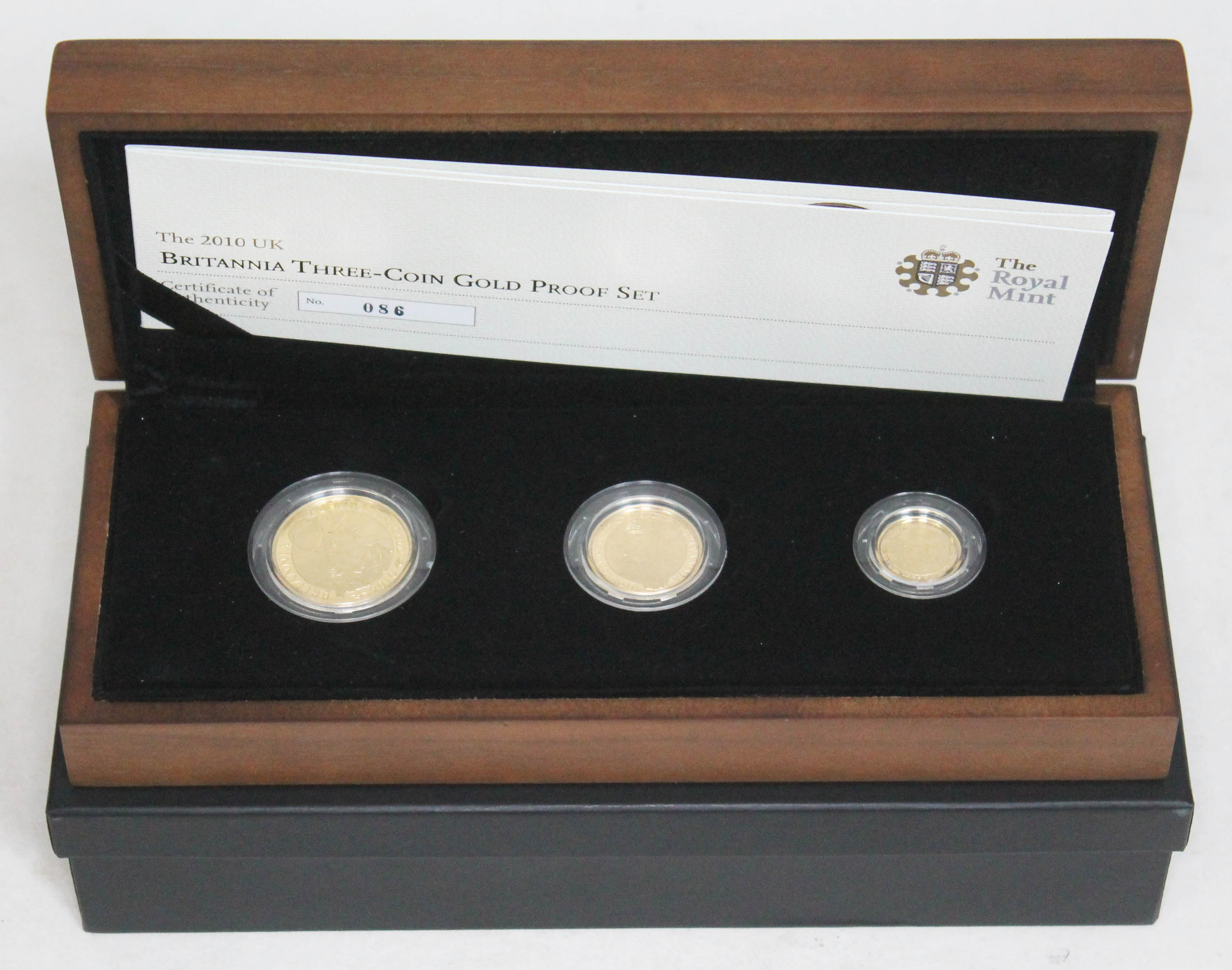 Elizabeth II Royal Mint 2010 Britannia Three Coin Gold Proof Set comprising £10, £25 & £50, 0.9167