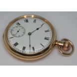 A gold plated Waltham open face pocket watch with white enamel dial, Roman numerals and spade