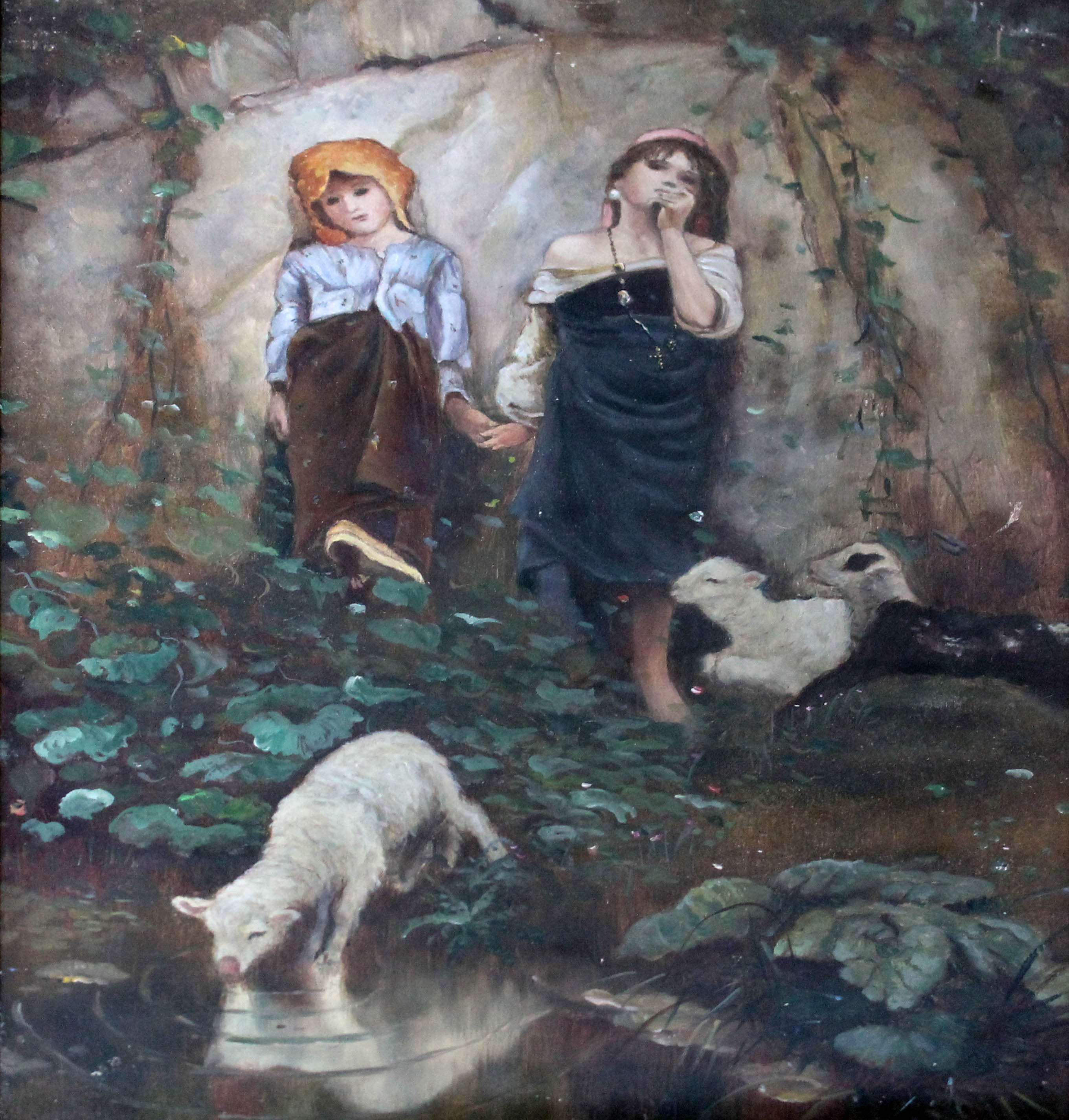 20th century school, two girls with lambs, oil on panel, 28cm x 39cm, signed 'Wilson' lower right,