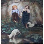 20th century school, two girls with lambs, oil on panel, 28cm x 39cm, signed 'Wilson' lower right,