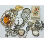 A mixed lot including silver watch cases, costume jewellery, silver brooches etc.