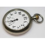 A Cyma open face pocket watch with large Arabic numerals on a white enamel dial and seconds