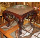 A Victorian carved mahogany stool with tapestry top, width 51.5cm, depth 51.5cm & height 49cm.
