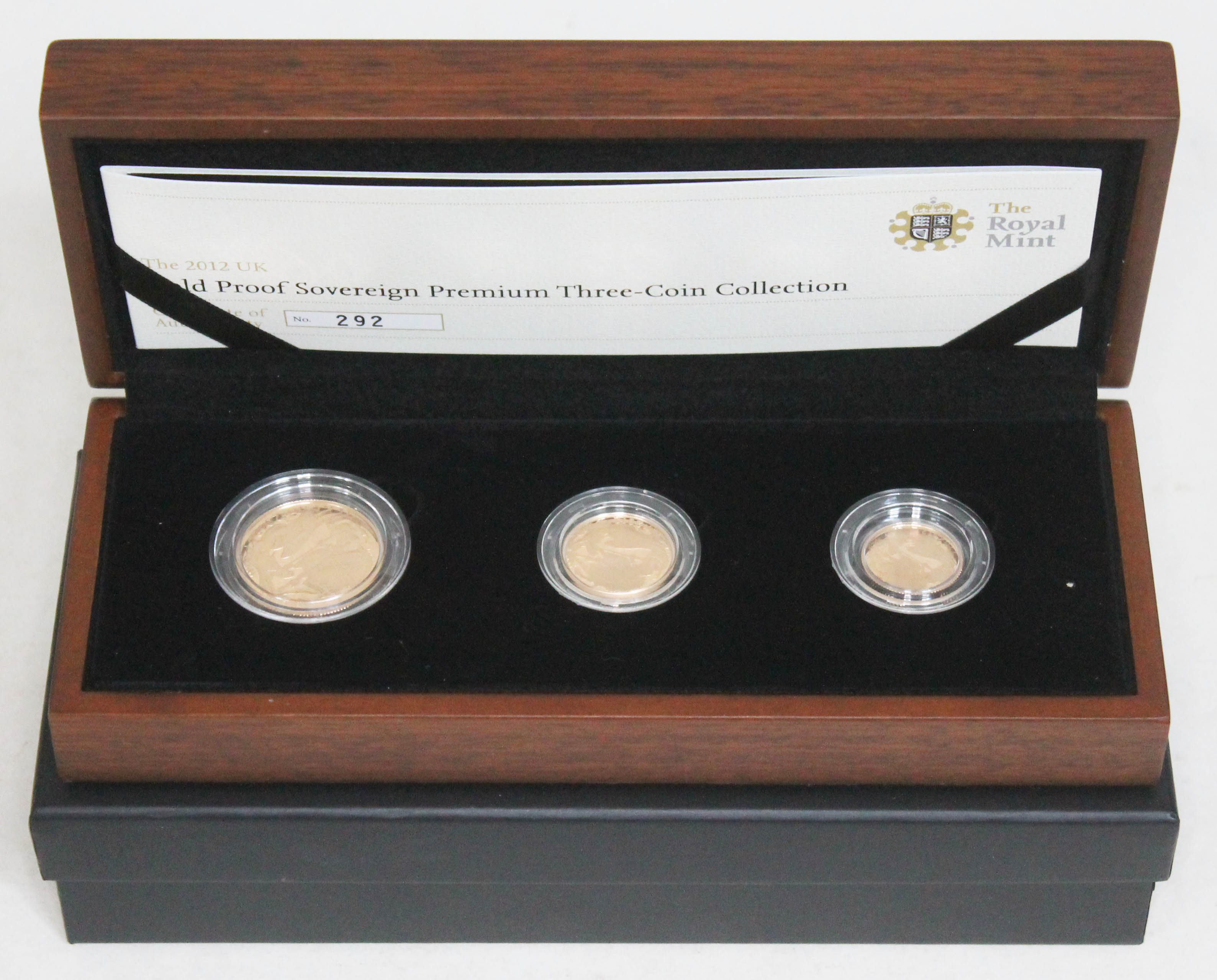 Elizabeth II Royal Mint 2013 Gold Proof Sovereign Premium Three-Coin Collection comprising half