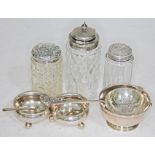A mixed lot of hallmarked silver including a silver topped bottle with Art Nouveau style top.