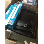 A box of miscellaneous items including tv shelf, taps, etc Catalogue only, live bidding available