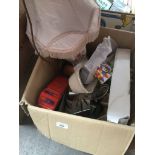 A box of misc to include kitchen items, stainless steel, a pottery lamp, mugs, ornaments, etc