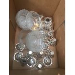 A box containing epns and glass sconces Catalogue only, live bidding available via our website.