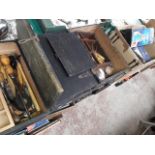 Three wooden tool chests and a cardboard box of mixed tools Catalogue only, live bidding available