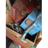 A box of motor related items inc oil/jerry cans, dials, battery, etc Catalogue only, live bidding