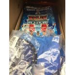 A box of Match Attax trading cards and 3 childrens Chelsea football shirts Catalogue only, live