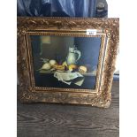 A modern still life oil on board, unsigned in reproduction gilt frame, 24cm x 28cm. Catalogue