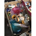 Box of ceramics and glass including cranberry tazza Catalogue only, live bidding available via our
