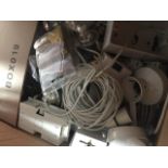 A box of domestic eletcrical equipment with set of outdoor lights Catalogue only, live bidding