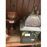 An arts and crafts copper pedestal bowl and brass lantern/lamp Catalogue only, live bidding