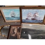Two prints after Montague Dawson, a print after Lord |Leighton, a gilded framed mirror and another