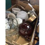 A box of assorted items, shower head, pottery, teapots etc Catalogue only, live bidding available