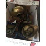 A set of antique brass Avery shop scales, mincer, brass kettle, kitchenalia etc Catalogue only, live