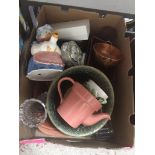 A mixed box of pottery etc including Wedgwood mantle clock Catalogue only, live bidding available