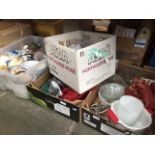 Four boxes of mixed items inc glass, kitchen ware, bathroom and kitchen mixer taps, etc Catalogue