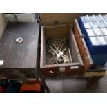 Two wooden boxes with old brass weighing scales and weights Catalogue only, live bidding available