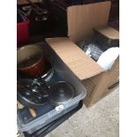 2 boxes of kitchenware including pans and Pyrex ware Catalogue only, live bidding available via