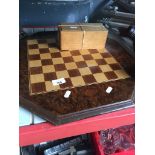 A large vintage chess board and boxed treen chess pieces Catalogue only, live bidding available