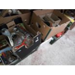 Five boxes of mixed tools and garage items and a cased Bosch drill Catalogue only, live bidding