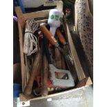 A box of assorted tools, garden shears, sealant gun etc Catalogue only, live bidding available via