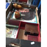 A box with vintage playing cards, ladybird books, LPs etc Catalogue only, live bidding available via