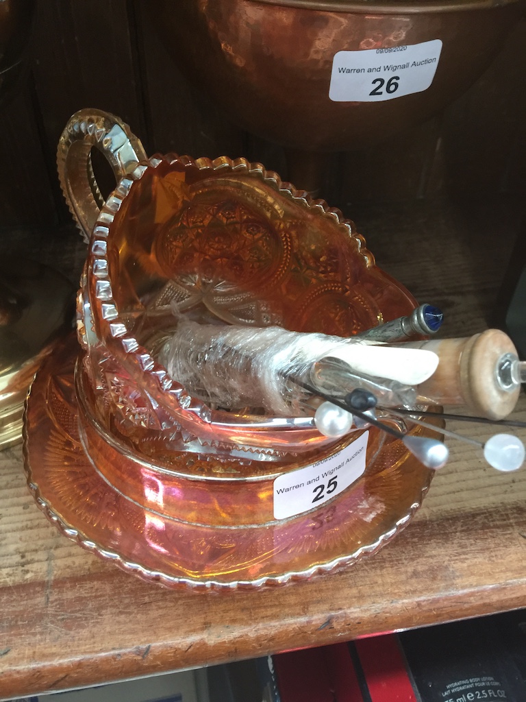 Carnival bowl and jug with collection of hat pins, etc. Catalogue only, live bidding available via