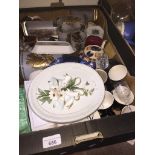 A box of ceramics and glass including Italian plaque Catalogue only, live bidding available via