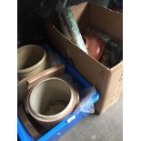 2 boxes of pottery, urns and 2 garden rose arches. Catalogue only, live bidding available via our