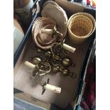 Brass wall light sconce fittings and small wicker baskets in a box Catalogue only, live bidding