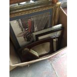 Box with vintage hall mirror with brushes, a limited edition print and some other prints Catalogue