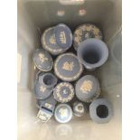 A box containing approx 15 pieces of Wedgwood jasperware Catalogue only, live bidding available