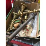 A box of brassware inc candle sticks, vintage pump Catalogue only, live bidding available via our