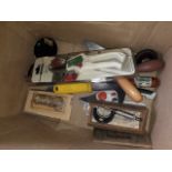 A box with secateurs, trowels, micrometer etc Catalogue only, live bidding available via our