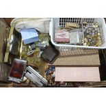 A large box of mixed collectables including costume jewellery, small perpetual calendars, hip flask,