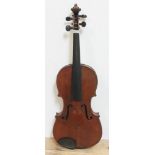 An antique violin, two piece back length 356mm, with hard case.