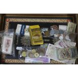 A box with GB/world coins and notes and cigarette cards including framed Royal Coronation collection
