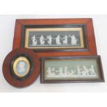 A group of three framed Wedgwood Jasperware plaques, 27cm x 10cm, 25cm x 9cm & 4cm x 7cm.