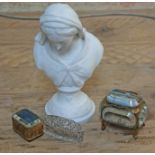 A mixed lot comprising a parian ware figure by Hewitt and Leadbetter, two souvenir trinket boxes and