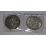 Two United states dollars Morgan 1921 and Liberty 1922.